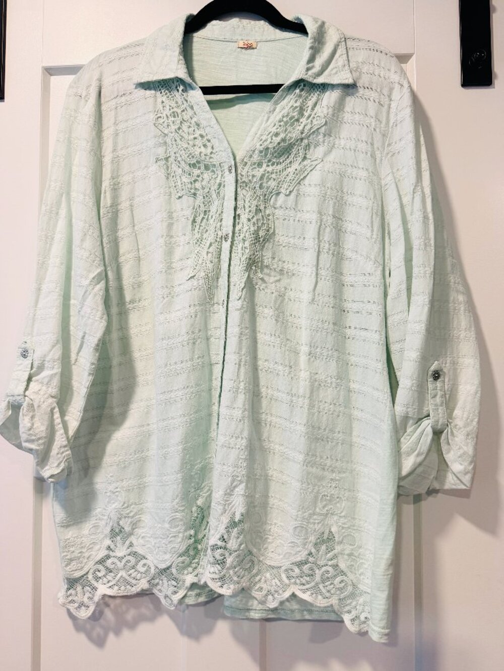 Reba Mint Green Lightweight Cotton Button-Front Blouse w/ Roll-Tab Sleeves XL